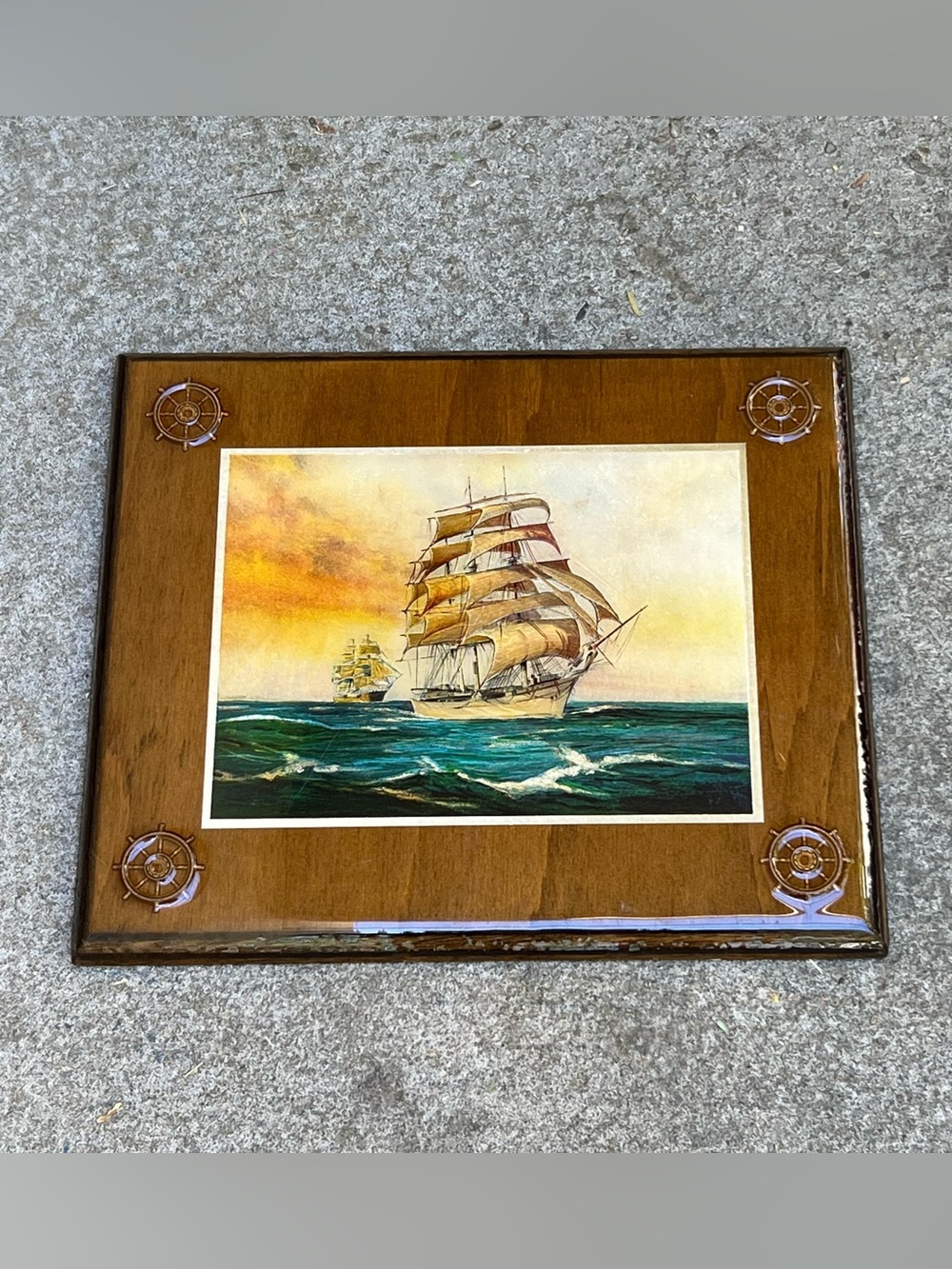 Vintage Nautical Dufex Foil Art Wall Plaque Cipper Sailing Ships MCM Coastal